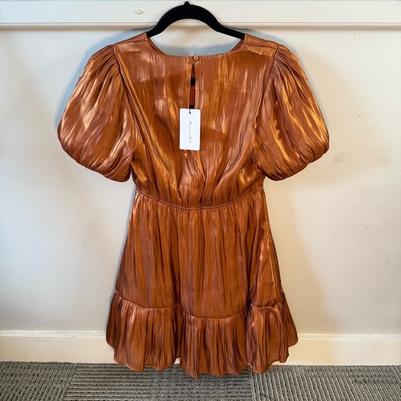 Line and Dot Elegant Orange Silk Ruffle Dress Puff Sleeve - Picture 2 of 6